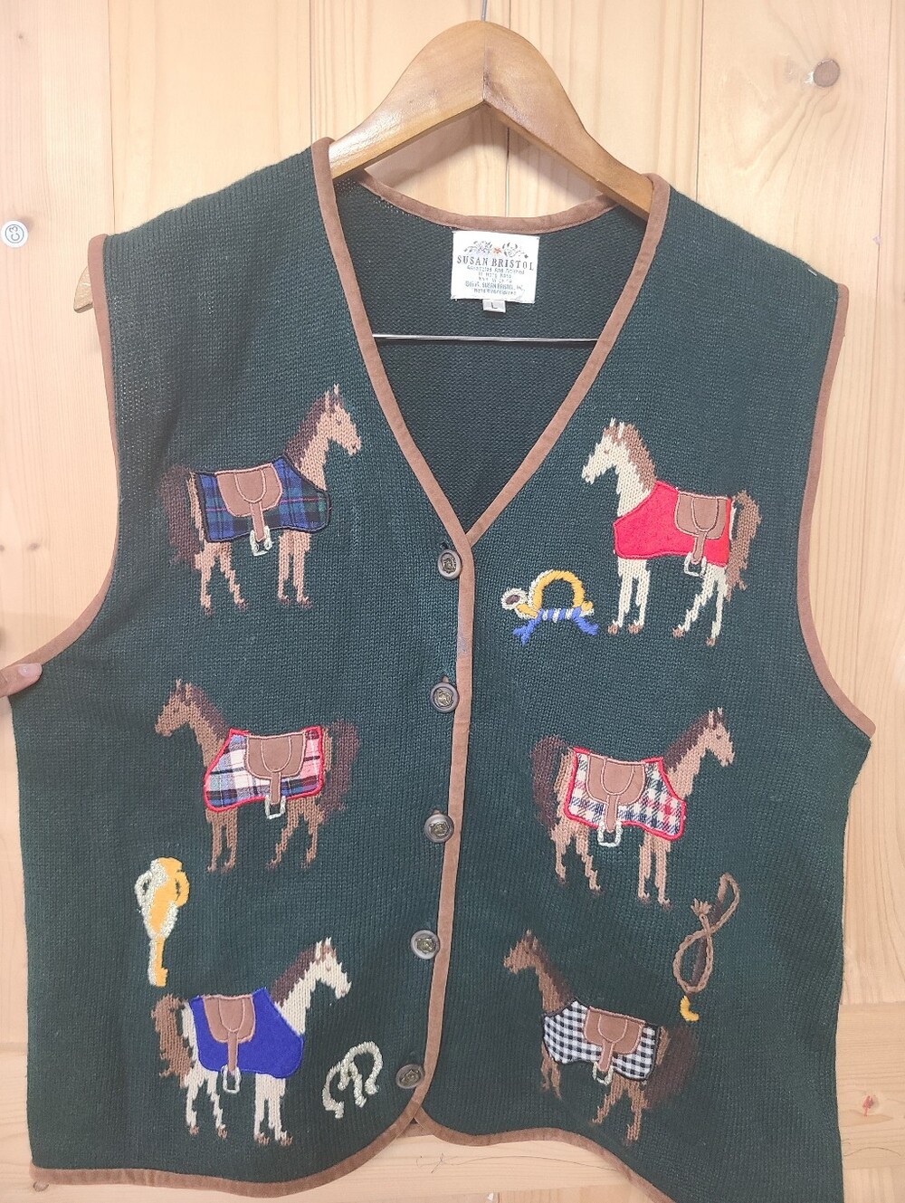 Vintage Susan Bristol Equestrian Horse Knit Vest in Forest Green